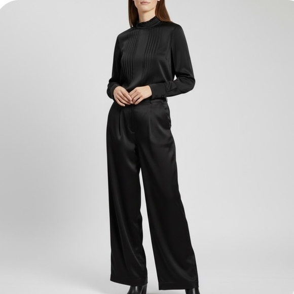 Noisy may Pants - NWT Noisy May Black Satin Wide Leg High Rise Pleated Trouser Pant Sz.S Party